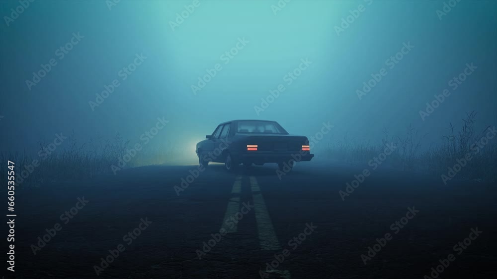 Cinematic shot of a car parked in middle of road in foggy moody forest during blue hour with headlights and hazard lights flashing 