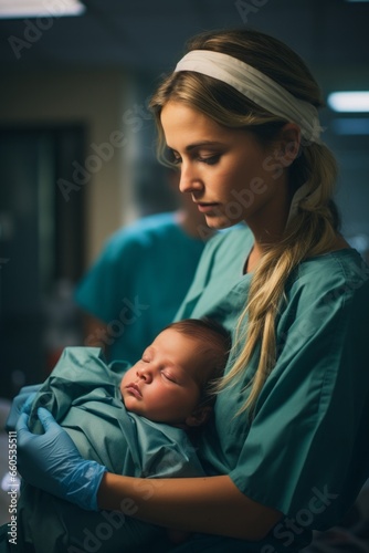 Portrait of a nurse holding a baby in her arms. Woman wears a green coat and blue gloves. A woman gives birth.