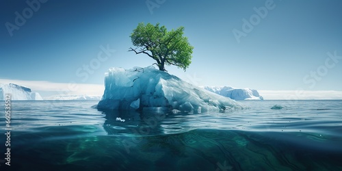 Green tree grows on an iceberg in the ocean , concept of Environmental balance