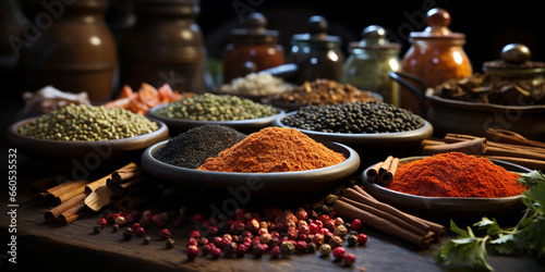 Spices banner with different curry powders in bowls on a wooden table with cinnamon 