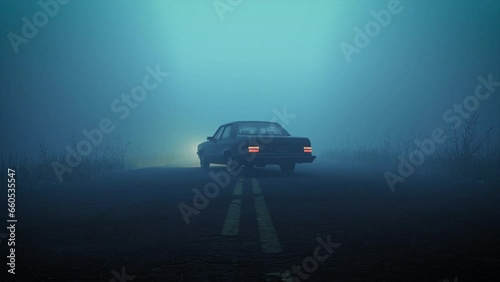 Cinematic shot of a car parked in middle of road in foggy moody forest during blue hour with headlights and hazard lights flashing 