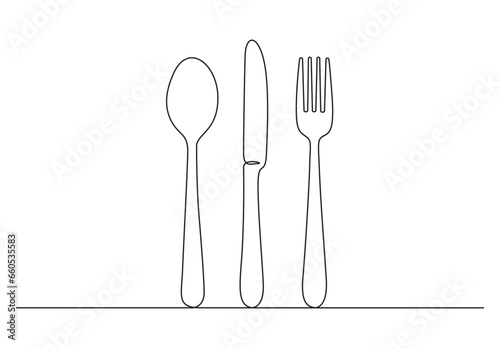Continuous one line drawing of spoons  forks  knife  eating utensils. Cooking utensils line art style for logos  business cards  banners. Vector illustration. Pro vector.