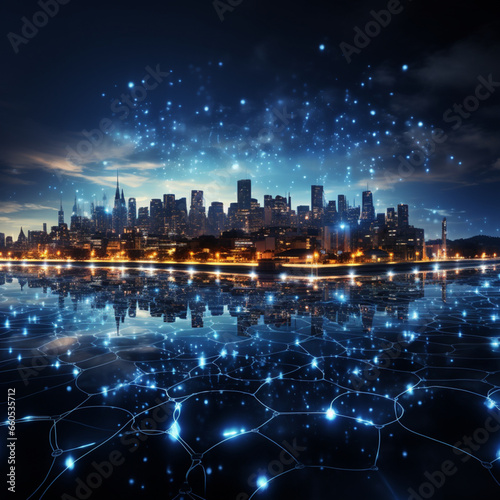 Futuristic City Skyline  Global Business  Data Exchange  Smart Network and Connection  data traffic