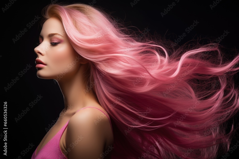 Portrait of a cute girl in profile with waving long pink hair on a black background. Portrait of a cute girl in profile with waving long pink hair on a black background.