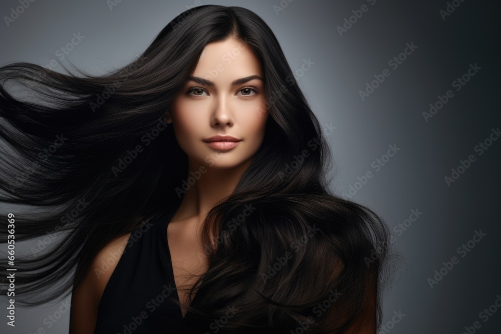 Portrait of cute brunette with gorgeous long hair on gray background.