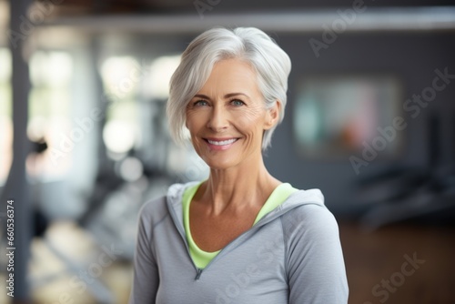 Portrait of a smiling fifty-year-old European woman in sportswear against a gymnasium background.