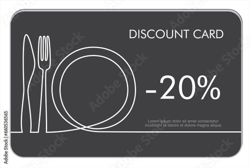 Discount card or voucher fast food restaurant or delivery service, template design with one continuous linear food and drinks composition