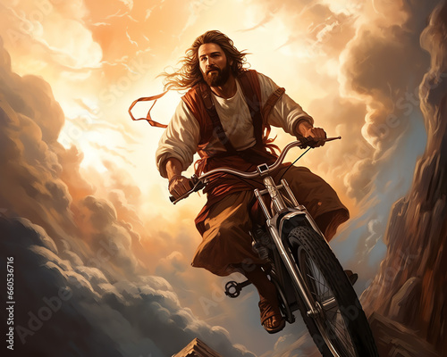 Jesus in den Wolken auf einem Motorrad photo