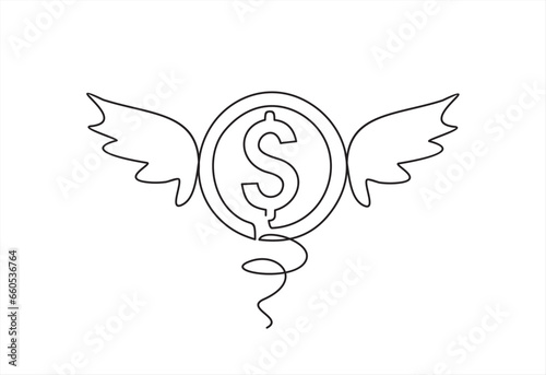 continuous line drawing of dollar coin with wings. Flying money. Economy, finance, money pictogram. Wealth symbol. Vector illustration. Free, easy. Spend, expenses