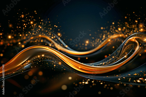 Unusual moving stream of gold and black waves with gold shiny particles,background. Generative AI