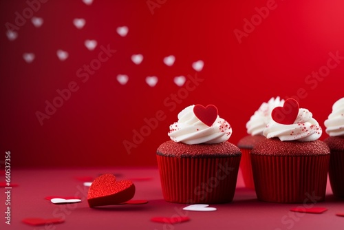 Cupcakes with heart-shaped sugar decorations on red background. Generative AI
