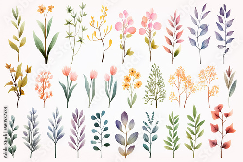 The digital graphic watercolor illustration of many blooming pink and purple florals with some green leaves isolated on a white background, Generative AI.
