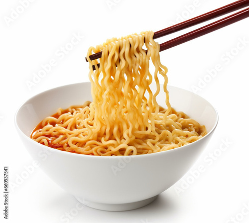 Bowl of instant noodles isolated on white background. 