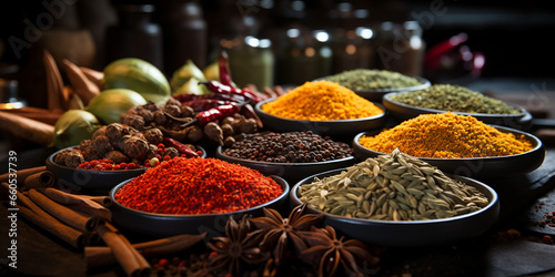 Wide food recipe banner image of different types Asian of spices in wooden bowls photo