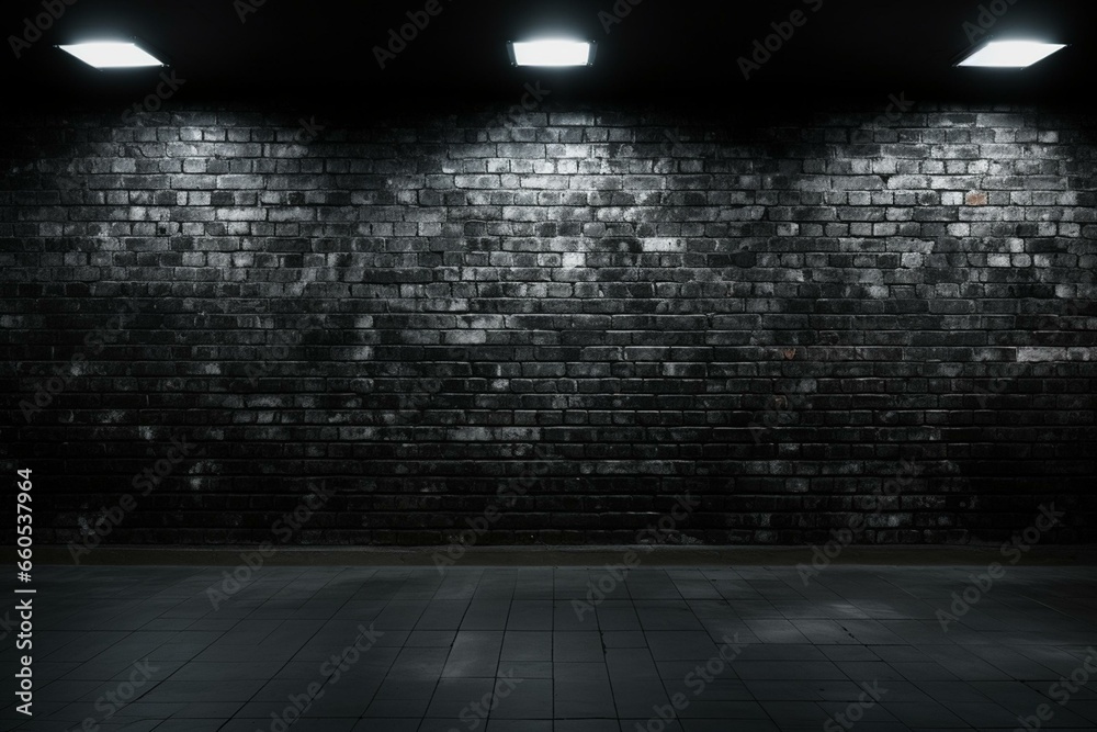 Space with black brick wall, dirty tiled floor. Generative AI - obrazy, fototapety, plakaty 