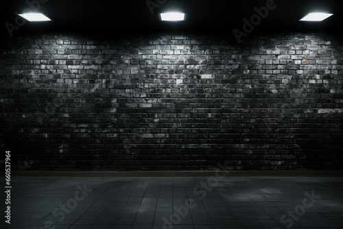 Space with black brick wall, dirty tiled floor. Generative AI