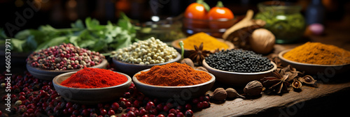 Wide banner image of different types of South Indian spices in wooden bowls