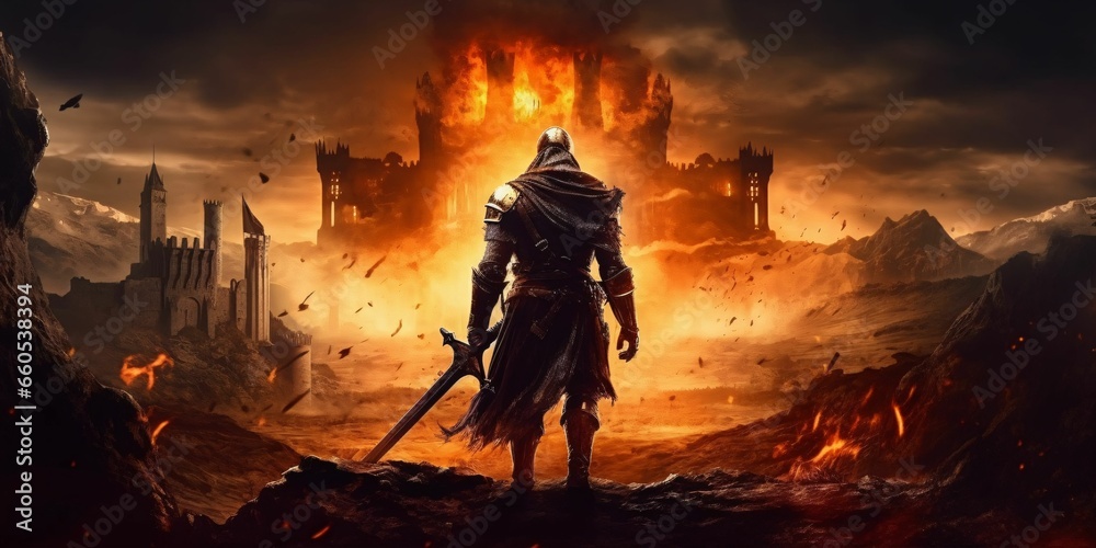 Armored Medieval Warrior in Front of a Ruined Castle. Knight in Armor - obrazy, fototapety, plakaty 