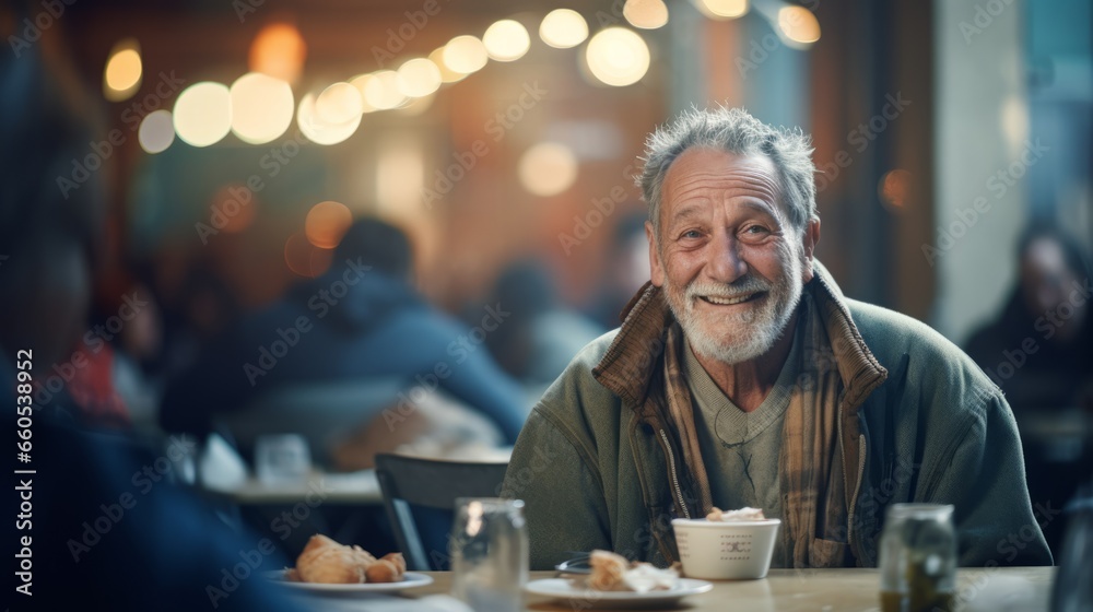 Elderly homeless man with a meal with blurred backgroud Elderly homeless man with a meal with blurred backgroud