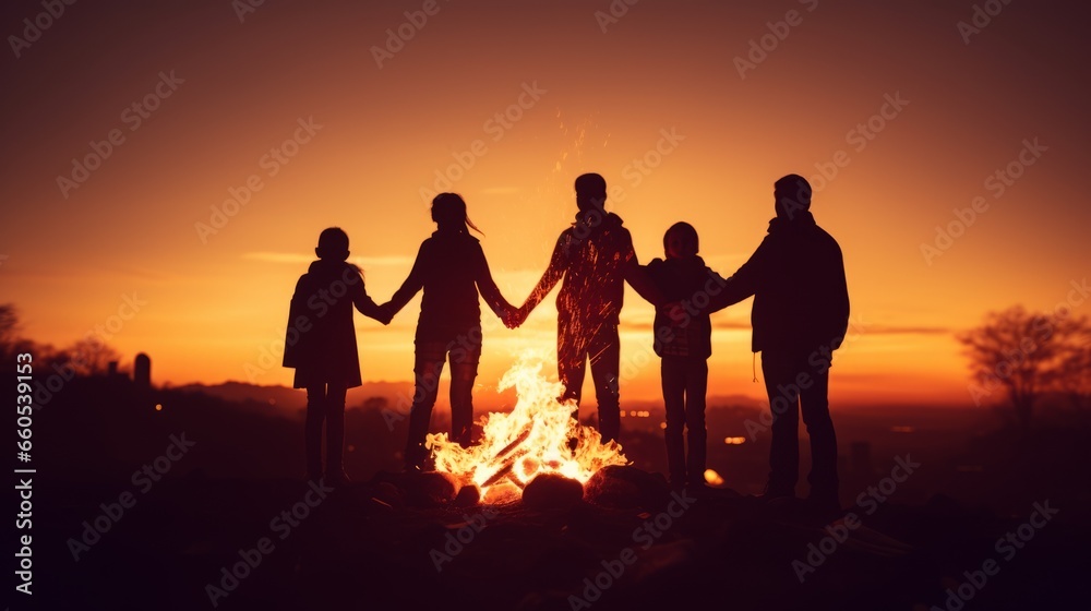 Silhouetted family holding hands around a bonfire