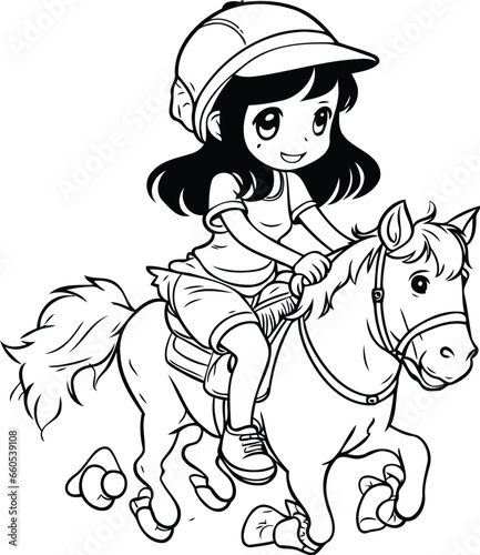 cute little girl riding a horse. black and white vector illustration