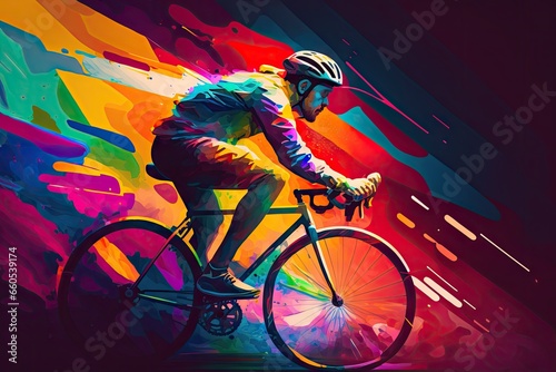 Cyclist rides a bicycle on colorful background. Sport illustration