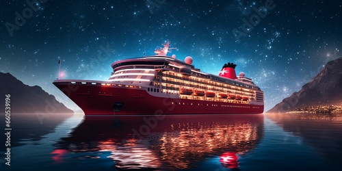 Luxury Cruise Ship Sails the Sea at Night with Starry Skies © Resdika