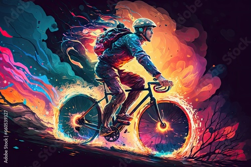 Cyclist riding a bicycle on a background of fire © Олег Фадеев