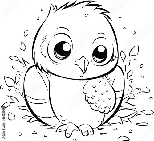 Black and white vector illustration of a cute little chick sitting in the nest.