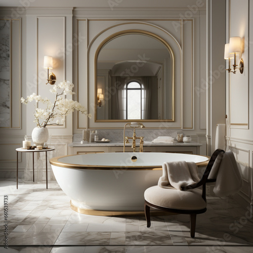 Interior Design of Elegant Spacious Bathroom  Luxury bathtub  Romantic Atmosphere 