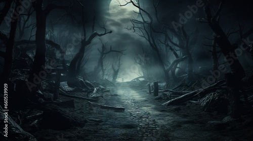 A foggy forest at night  illuminated by the moon  with a mysterious path heading towards a halo.