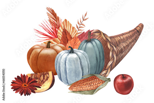 Watercolor cornucopia (horn of plenty) with pumpkin and vegetable. Hand-drawn illustration isolated on white background. Perfect for menu cafe, template food, cooking, packing food, card thanksgiving photo