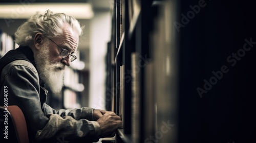 An elderly scholar, likely a professor, scans the shelves of a library. The image captures the essence of lifelong learning and intellectual curiosity.