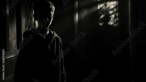 A young boy stands alone in a dark house hallway, his face barely illuminated by dim lighting. The image exudes an air of mystery and captures a poignant emotional moment.