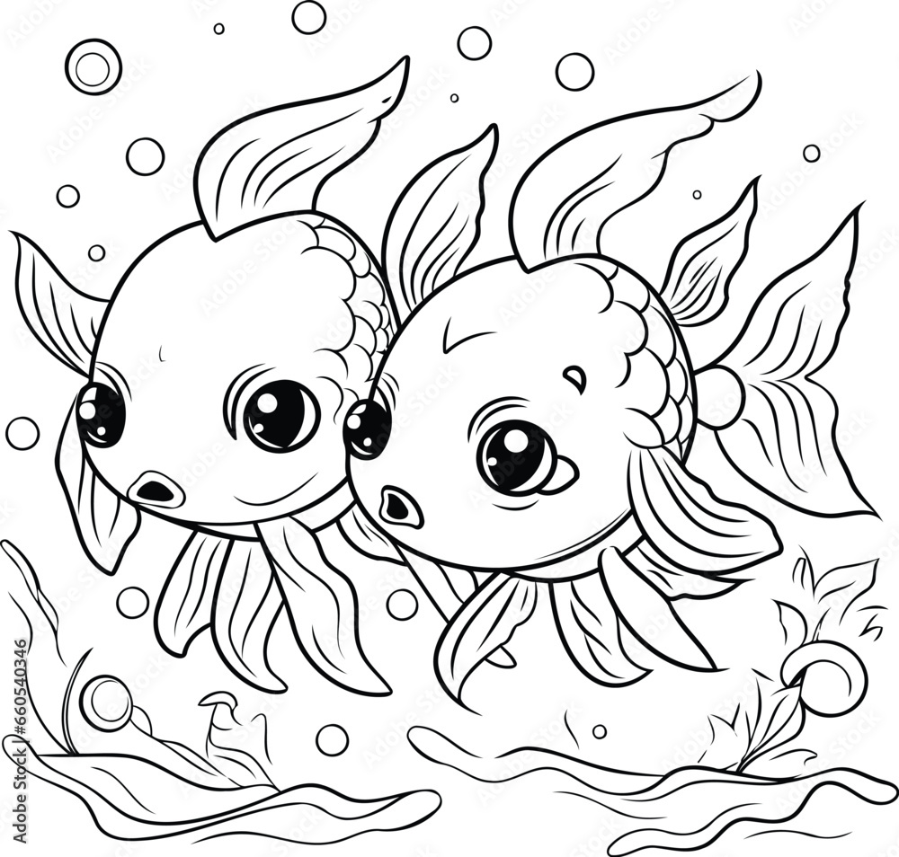 Coloring book for children. two cute goldfishes in the water
