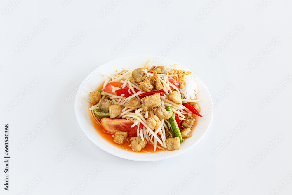 Papaya salad (som tum) with fried pork rind