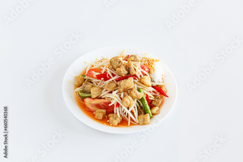 Papaya salad (som tum) with fried pork rind