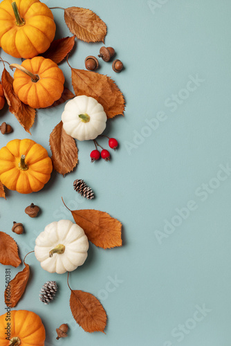 Happy Thanksgiving holiday background from autumn foliage, pumpkins and fall decorations vertical top view.  .