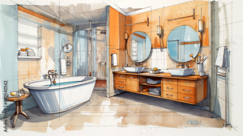 Colored interior design sketch of a modern bathroom.  photo