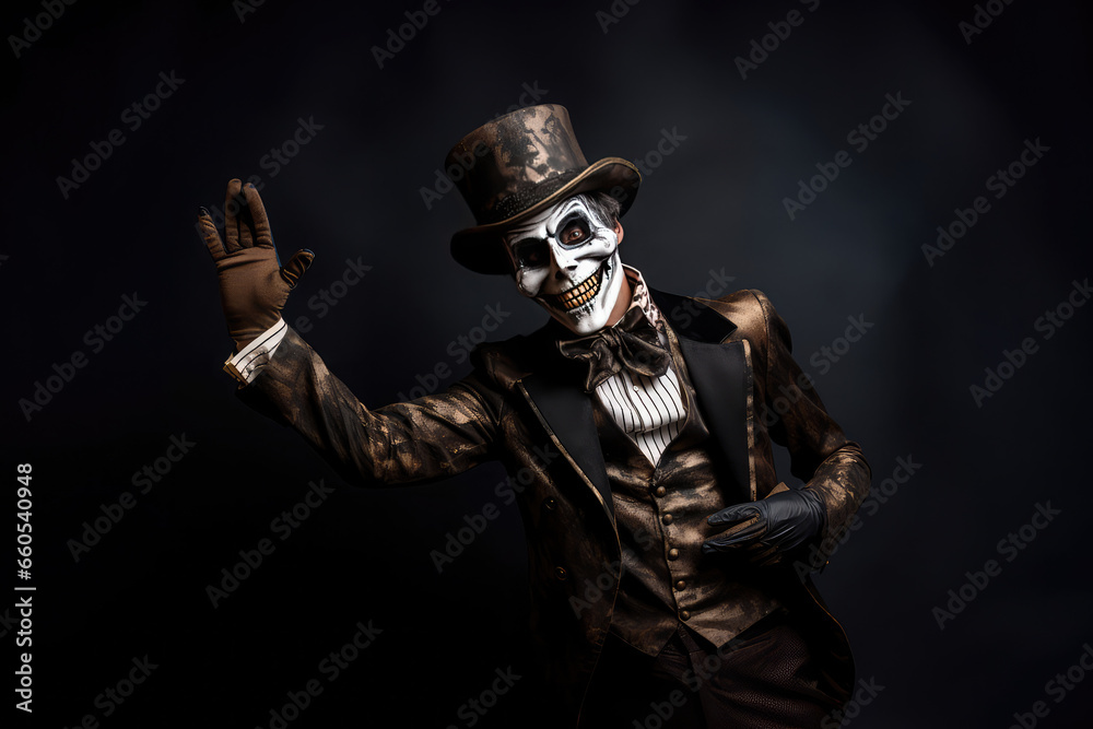 Person with skull mask in suit and hat pointing index finger to the side celebrating Halloween. Person with skull mask in suit and hat pointing index finger to the side celebrating Halloween.