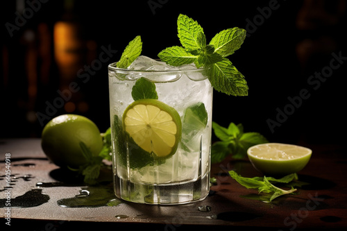 A glass of water with ice, lemon and mint, Generative AI