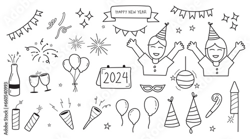 Big set new year linear objects and elements isolated on black background. vector illustration