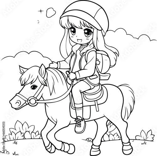 Coloring Page Outline Of a Cute Little Girl Riding a Horse