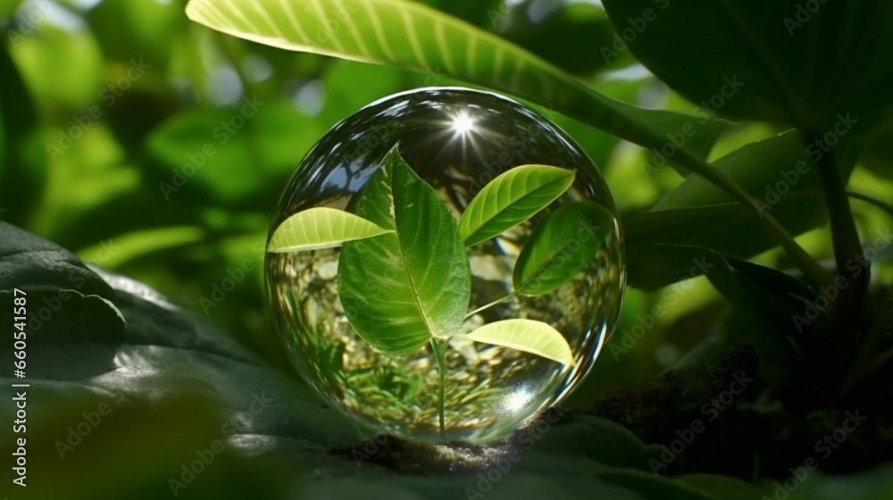 Glass globe resting on green leaf.Generative AI