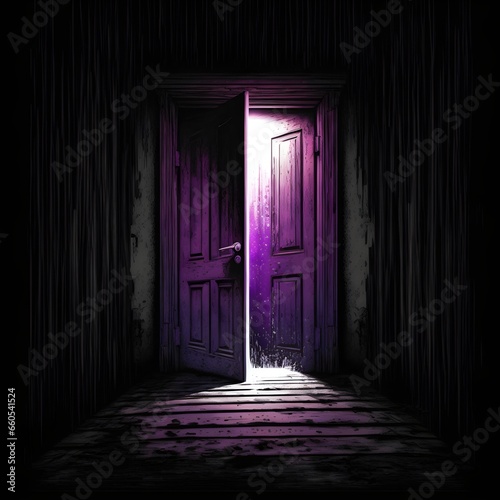 large massive old wooden open door blackpurple hues bottomup view white light from the door black background comic style  photo