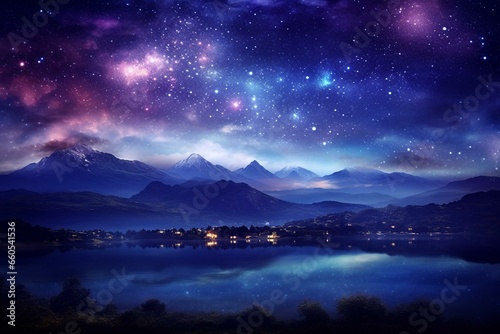 Scenic night with purple galaxy, starry sky, hills, summer, cosmos. Generative AI © Joseph