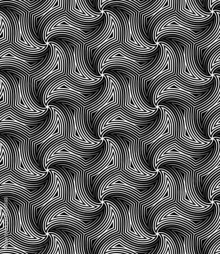 Seamless repeating pattern with concentric wavy white rectangles arranged in spirals on a black background. Modern ethnic style. Abstract waves. Vector illustration.