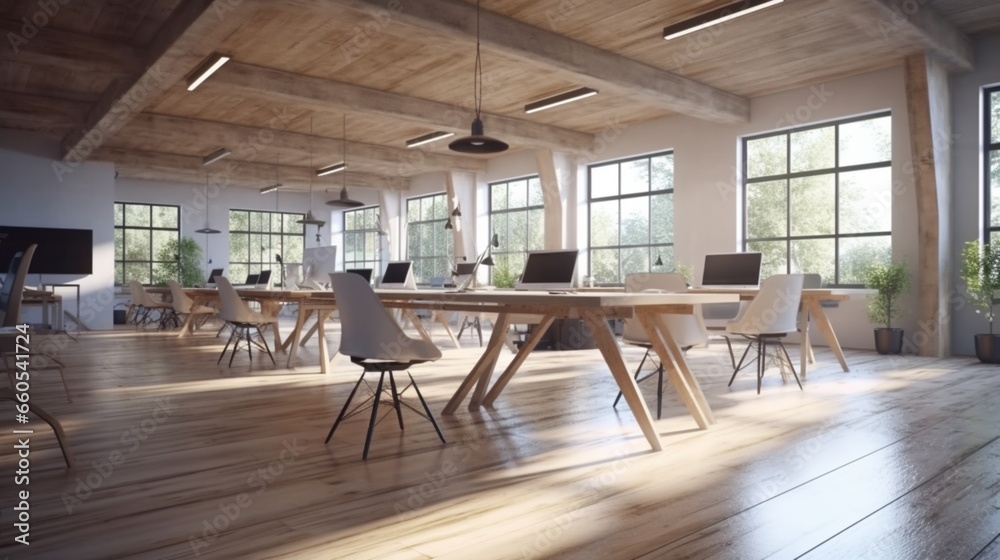 Modern office space with tables and chairs computers.Generative AI Modern office space with tables and chairs computers.Generative AI