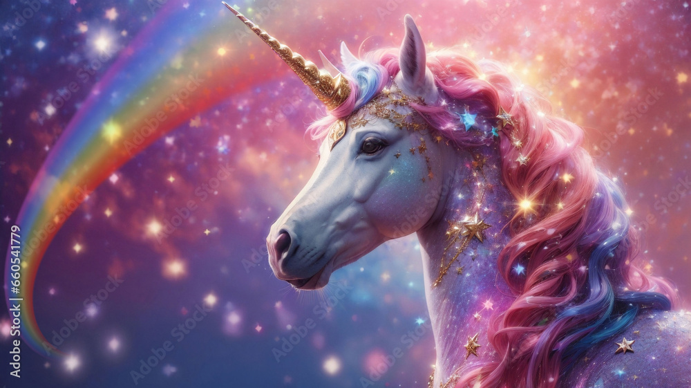 A rainbow-sparkled fantasy unicorn, pastel glitter, a pink fantasy galaxy, a magical mermaid sky with bokeh, stars, and sparkles.