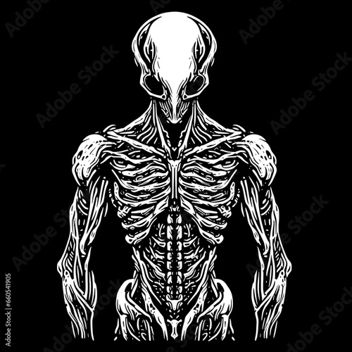 Skeletal Specter: A haunting black and white illustration of an elongated skull skeleton, arms spread wide against a stark black background